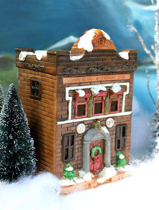 Vintage Christmas Village Bank with Lights, Handmade Holiday Decoration