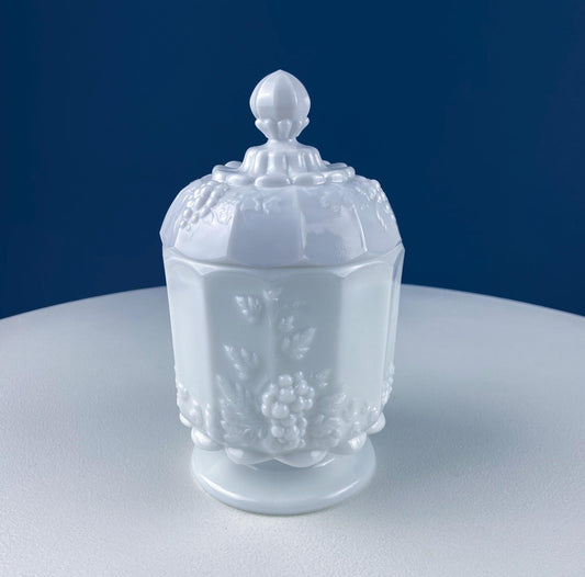Vintage Westmoreland Milk Glass Serving Storage Dish Set with Vine & Grape Motif. Lidded Candy Dish, Jam Jar. Bath Dining Rm Table Decor.