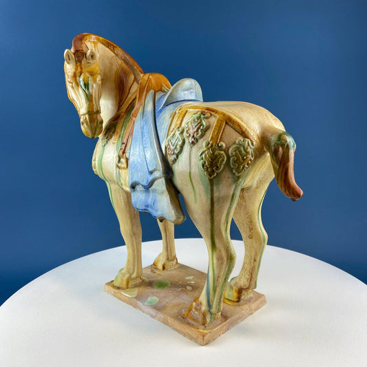 16.5" Tang Dynasty Like Ceramic War Horse. Chinese Sancai 3 Color Streaked Glaze. Collectible Animal Figurine. Gift for Him. Art Home Decor.