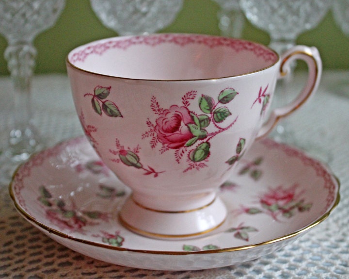 Vintage Grosvenor Fine Bone China Teacup and Saucer - Mint Green Floral
