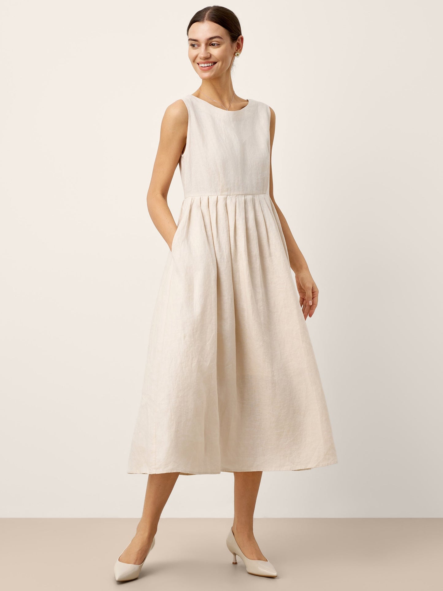 100% Linen Sleeveless Crew Neck Waist Pleated Maxi Dress SELENE