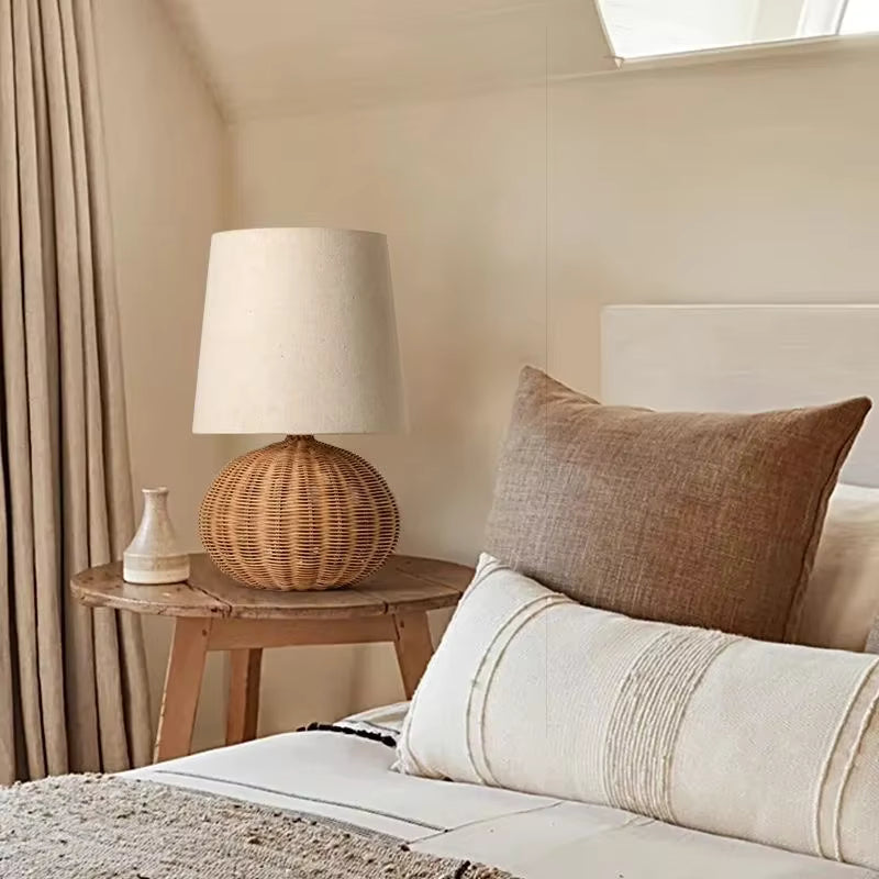 Handwoven Rattan Table Lamp with Linen Shade