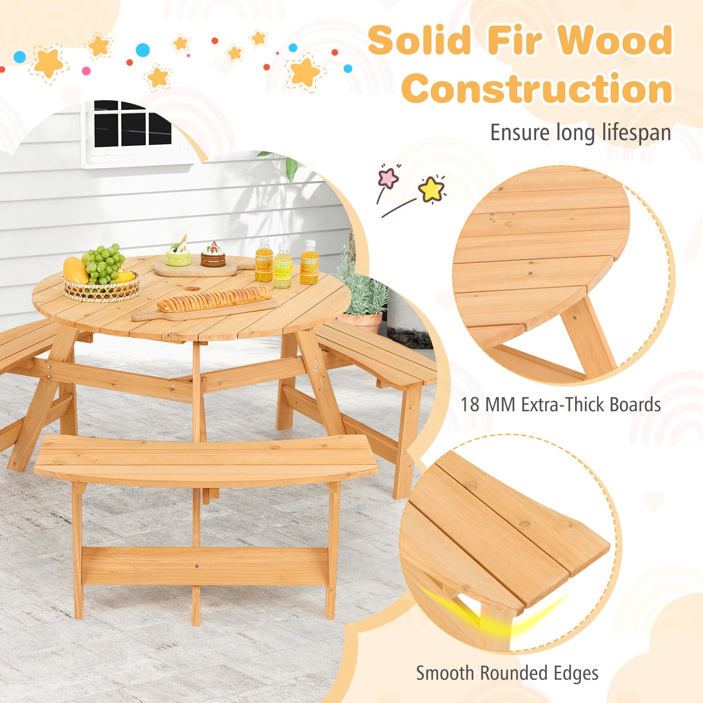 Kids Outdoor Wooden Picnic Table and Bench Set with Umbrella Hole-Natural