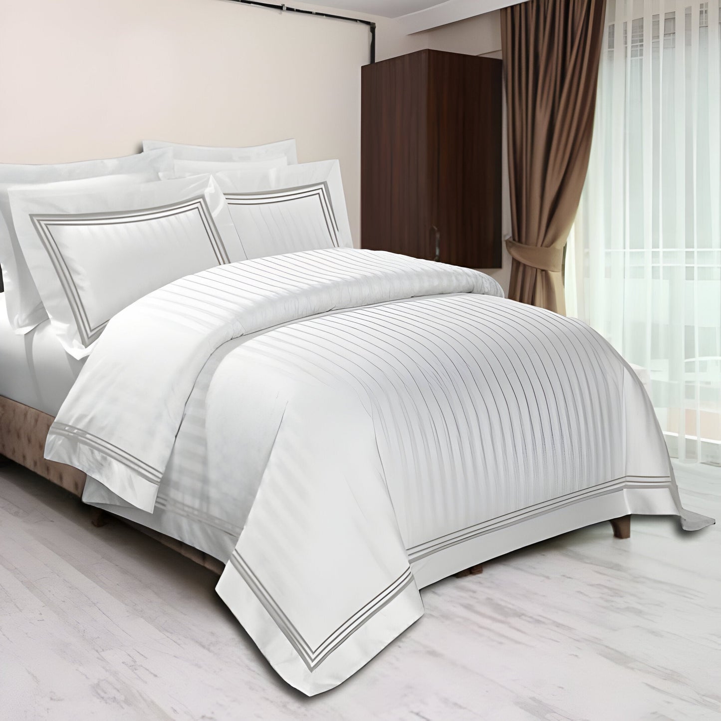 400TC Cotton Sateen Triple Edge Embroidery Stripe Duvet Cover Set