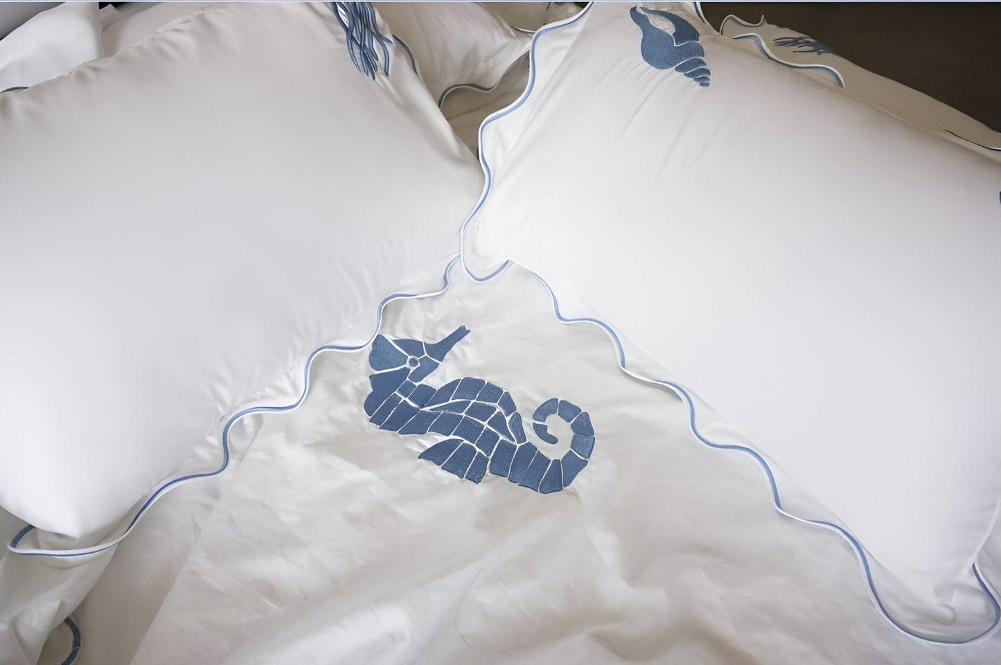 Seahorse Embroidered Cotton Sateen Duvet Cover Set