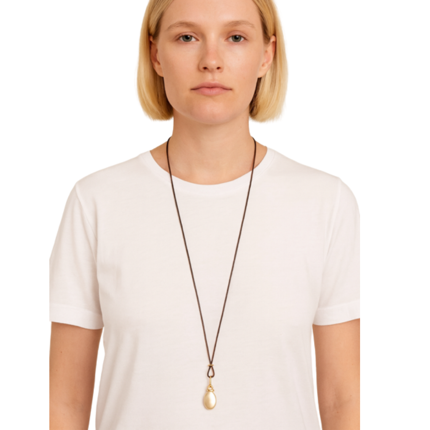 Matte Gold Pillow Style Pendant On 36" Navy Color Linen Cord