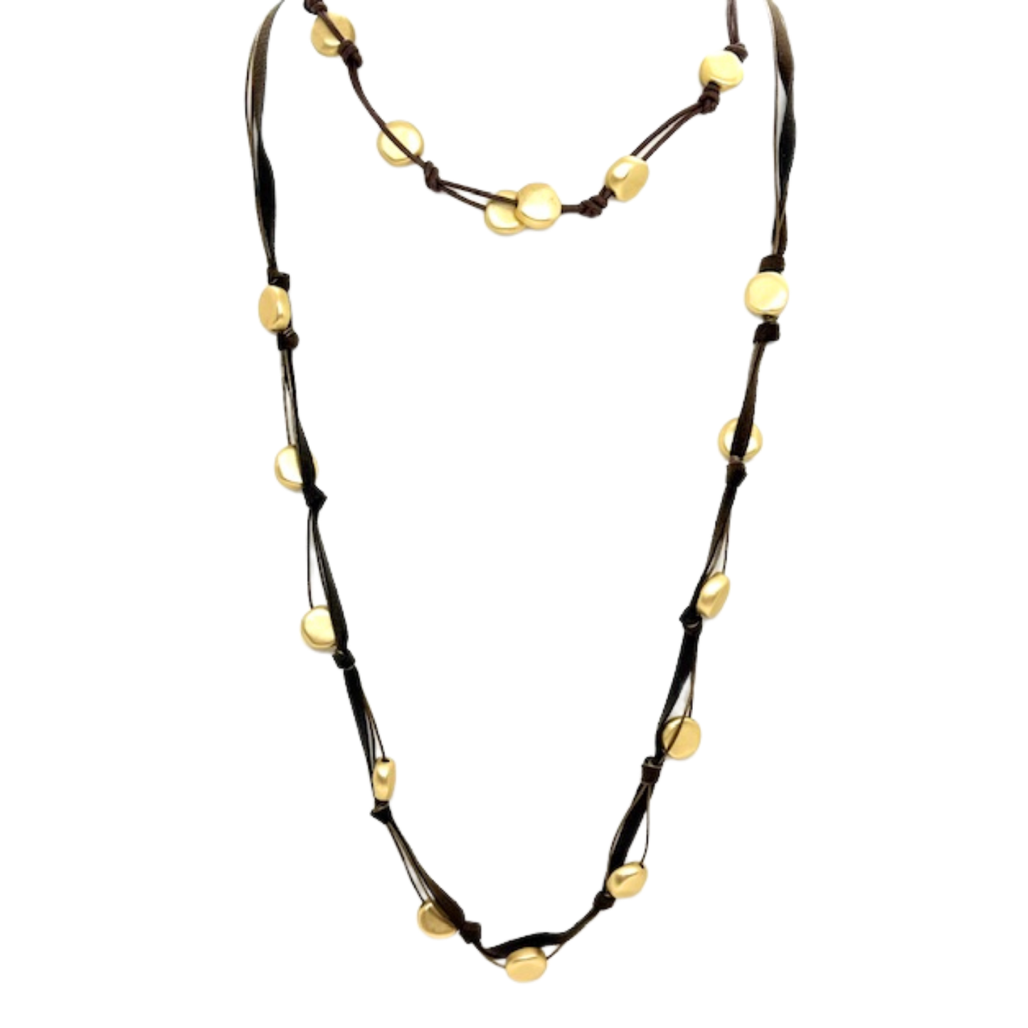 Matte Gold Beads On Chocolate Suede And Bronze Leather Long Necklace