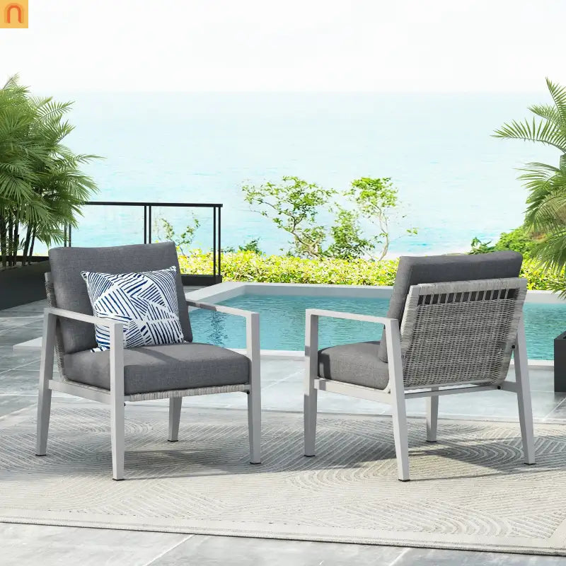 Outdoor Lounge Chair Aluminum Rope Accent Gray Silver White Cushion