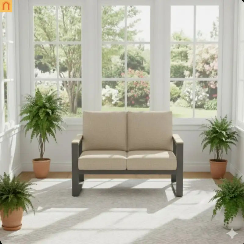 Outdoor Loveseat Aluminum Black Beige Cushion 52in 2 Seat U Leg Design