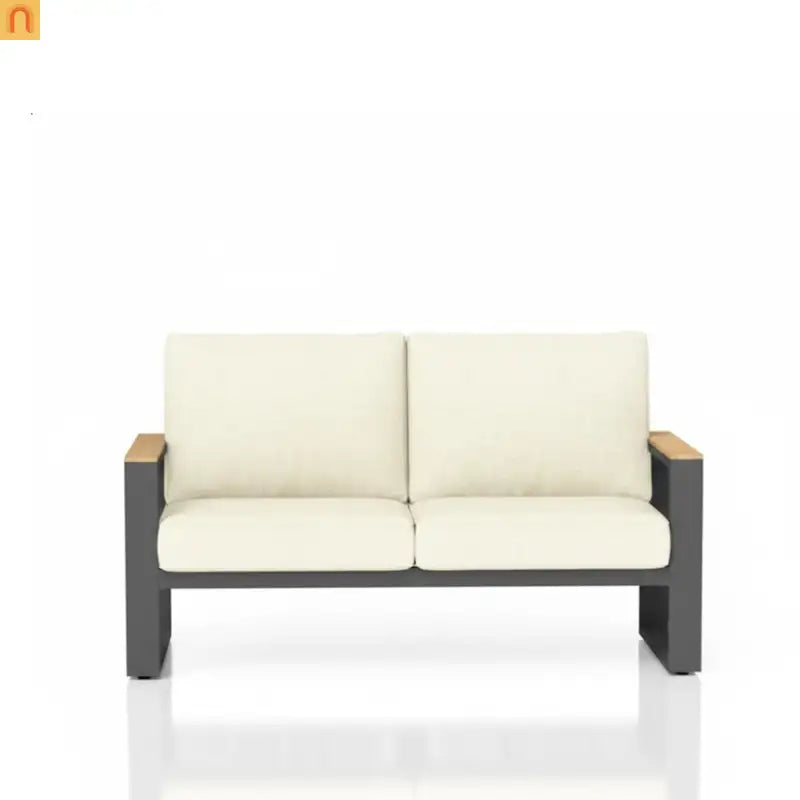 Outdoor Loveseat Aluminum Black Beige Cushion 52in 2 Seat U Leg Design