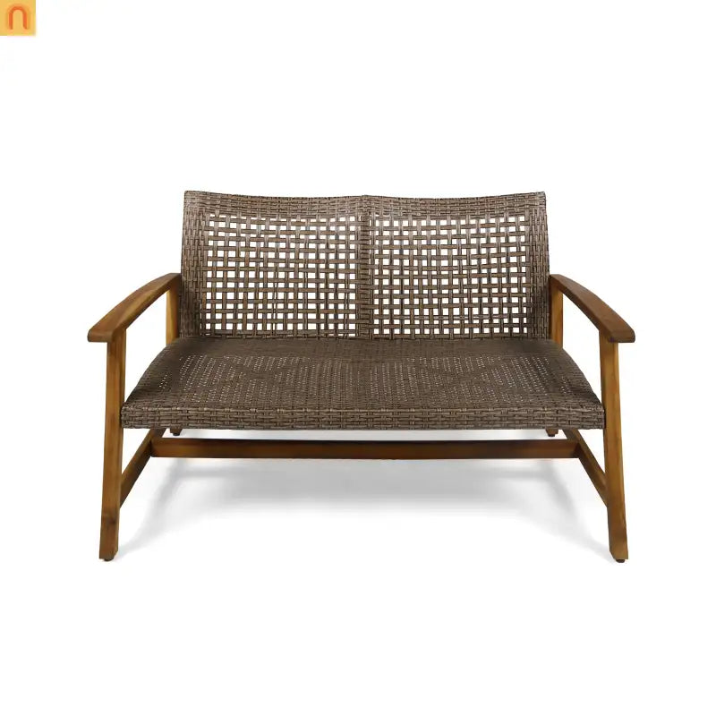 Loveseat Contemporary Natural Acacia Wood Wicker Weatherproof 52in Length