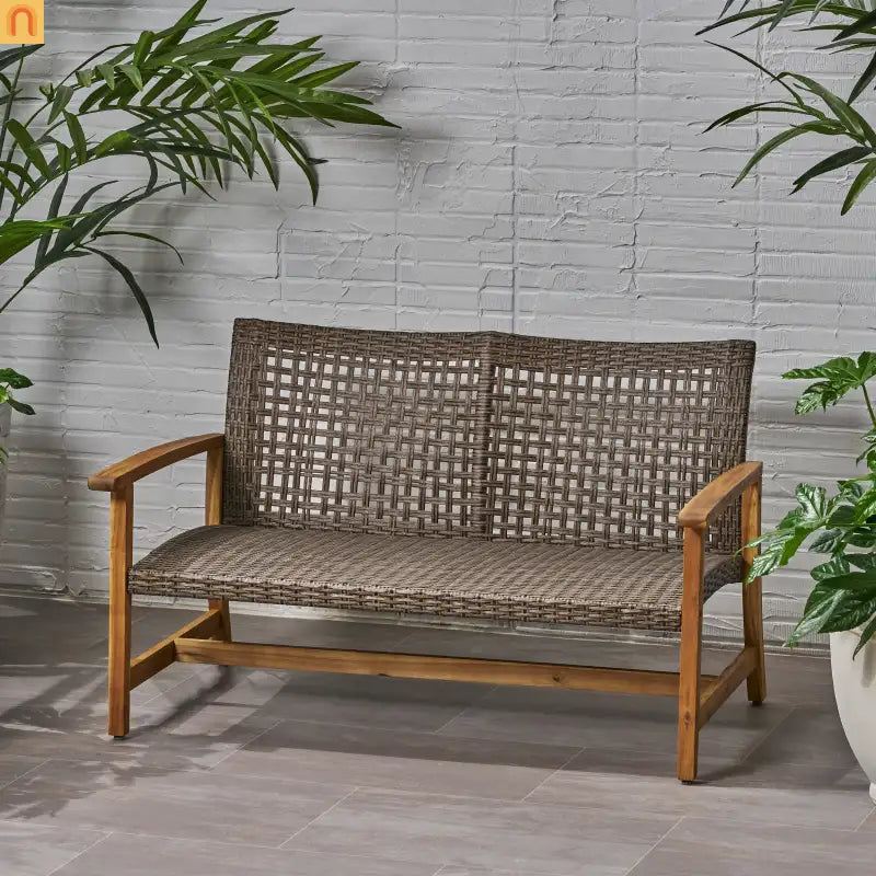 Loveseat Contemporary Natural Acacia Wood Wicker Weatherproof 52in Length
