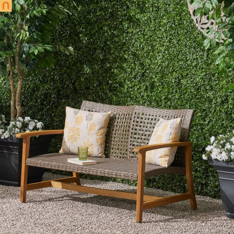 Loveseat Contemporary Natural Acacia Wood Wicker Weatherproof 52in Length