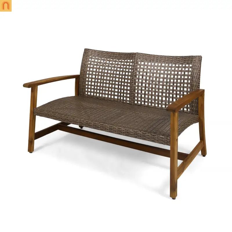 Loveseat Contemporary Natural Acacia Wood Wicker Weatherproof 52in Length