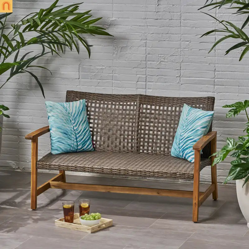 Loveseat Contemporary Natural Acacia Wood Wicker Weatherproof 52in Length