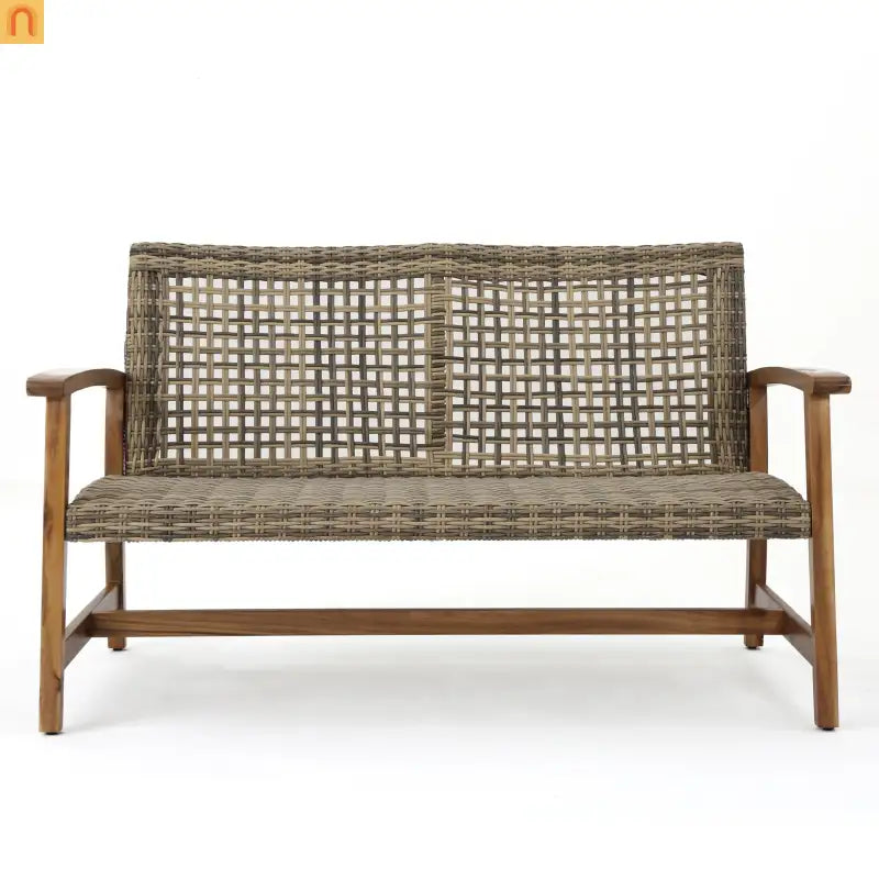 Loveseat Rattan Outdoor with Acacia Wood Legs Cushioned 52in Wide Brown