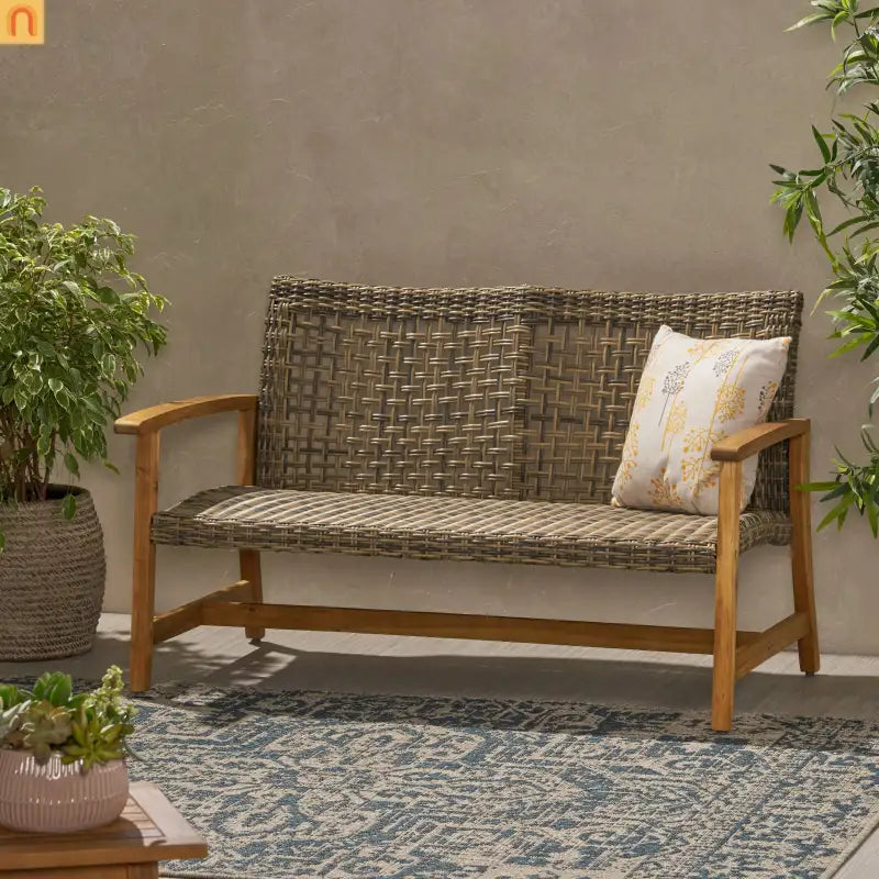 Loveseat Rattan Outdoor with Acacia Wood Legs Cushioned 52in Wide Brown