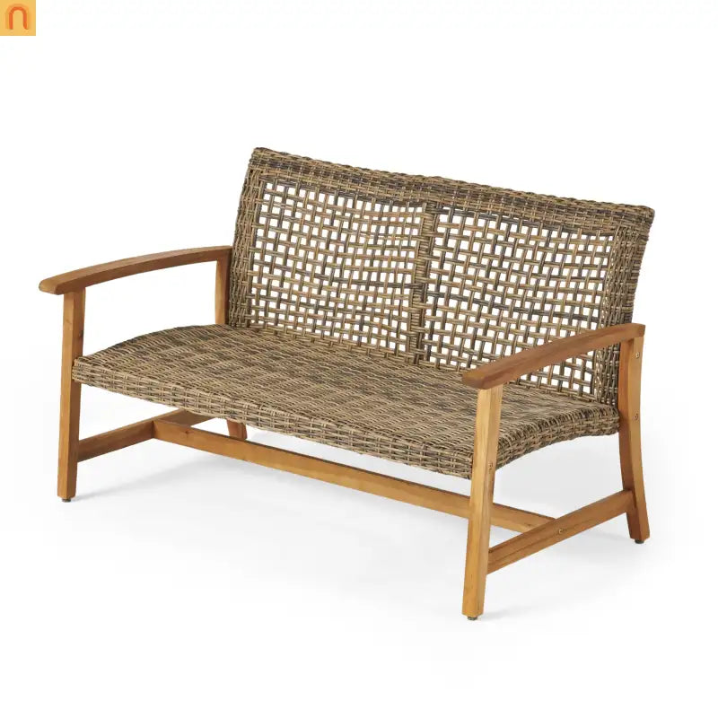 Loveseat Rattan Outdoor with Acacia Wood Legs Cushioned 52in Wide Brown