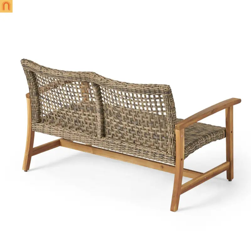 Loveseat Rattan Outdoor with Acacia Wood Legs Cushioned 52in Wide Brown