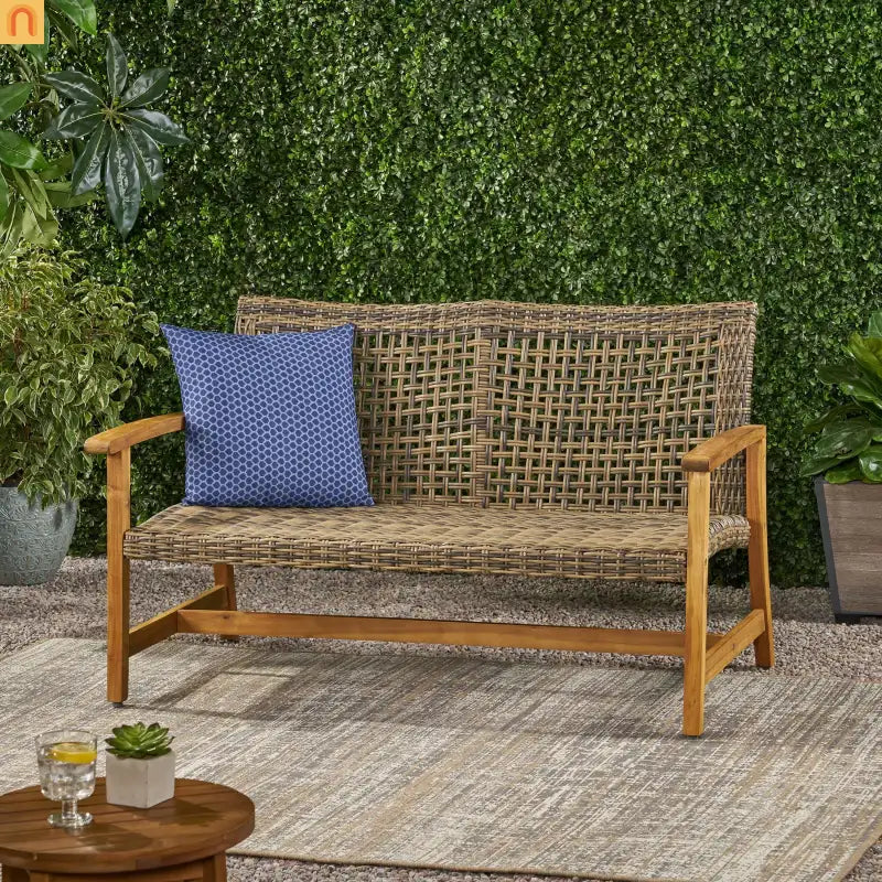 Loveseat Rattan Outdoor with Acacia Wood Legs Cushioned 52in Wide Brown