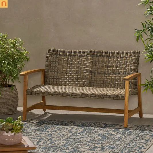 Loveseat Rattan Outdoor with Acacia Wood Legs Cushioned 52in Wide Brown
