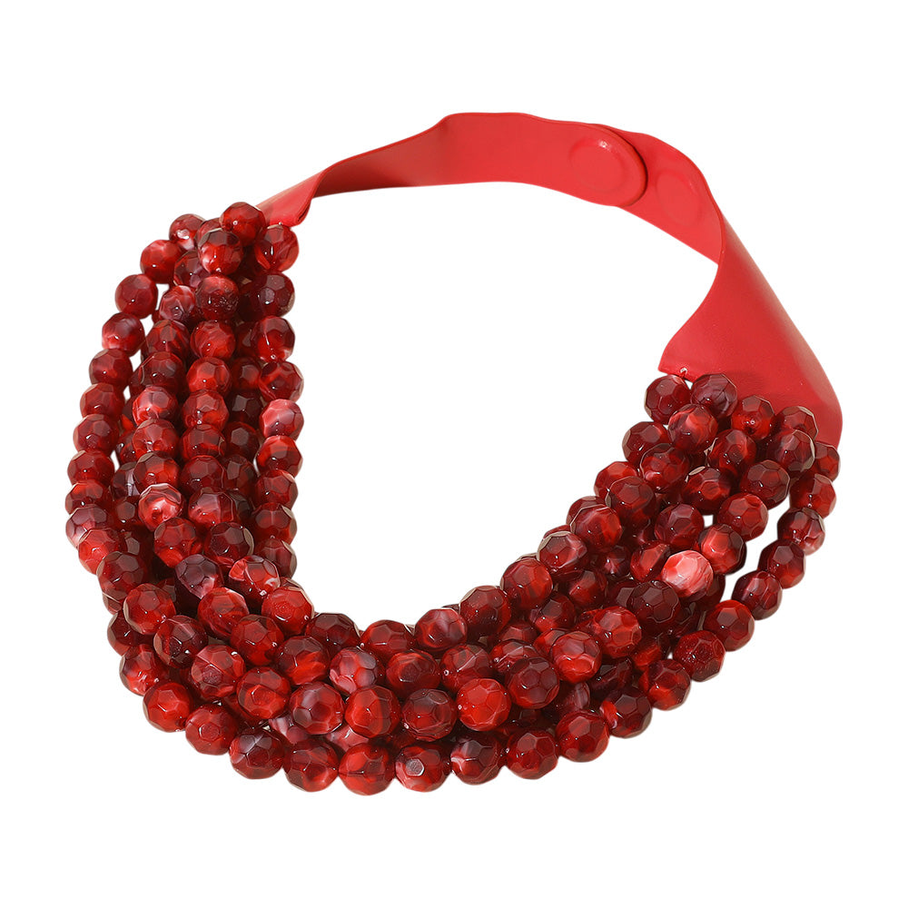 Marbled Faceted Acrylic Ball Beaded Multi Strand Layered Faux Leather Magnetic Necklace