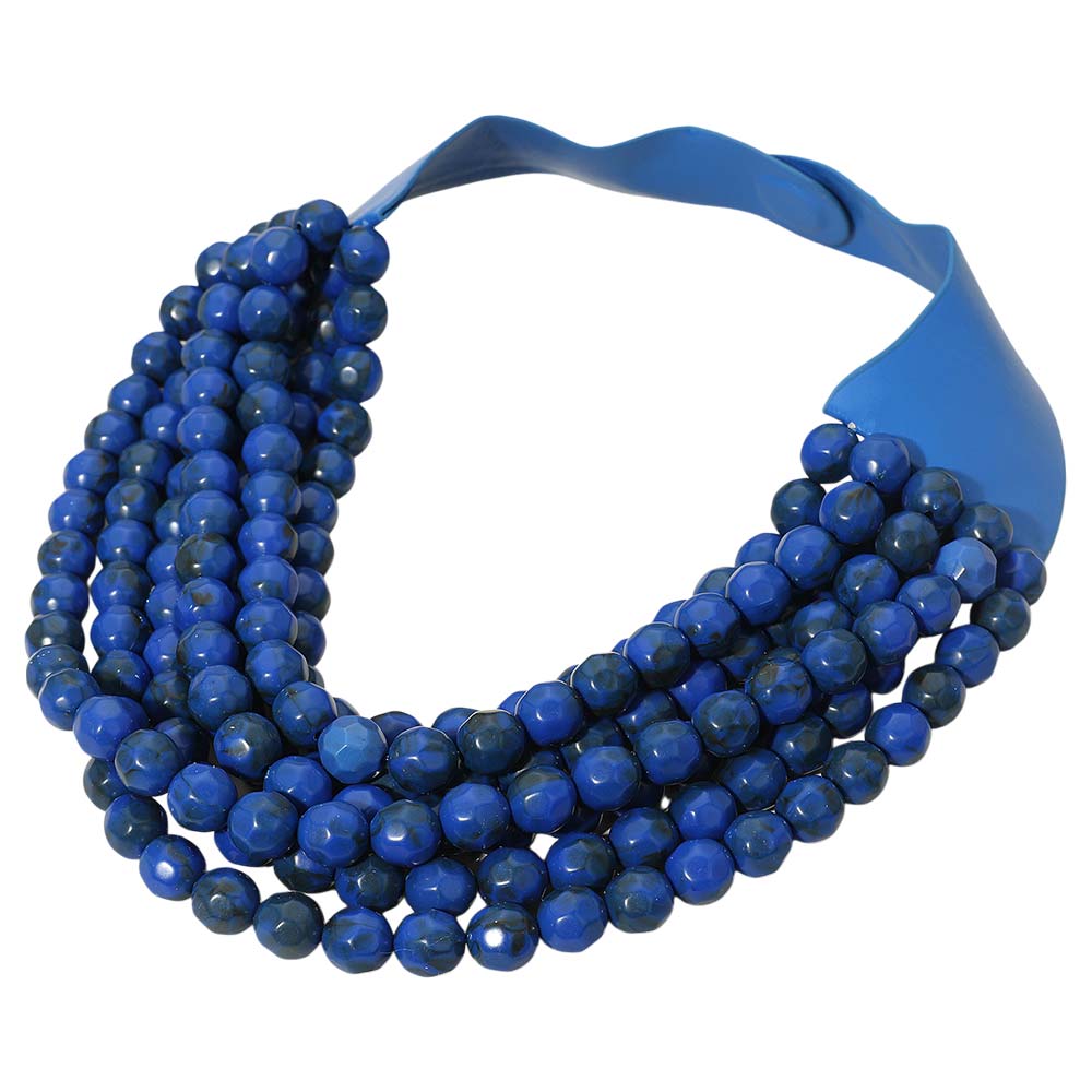 Marbled Faceted Acrylic Ball Beaded Multi Strand Layered Faux Leather Magnetic Necklace