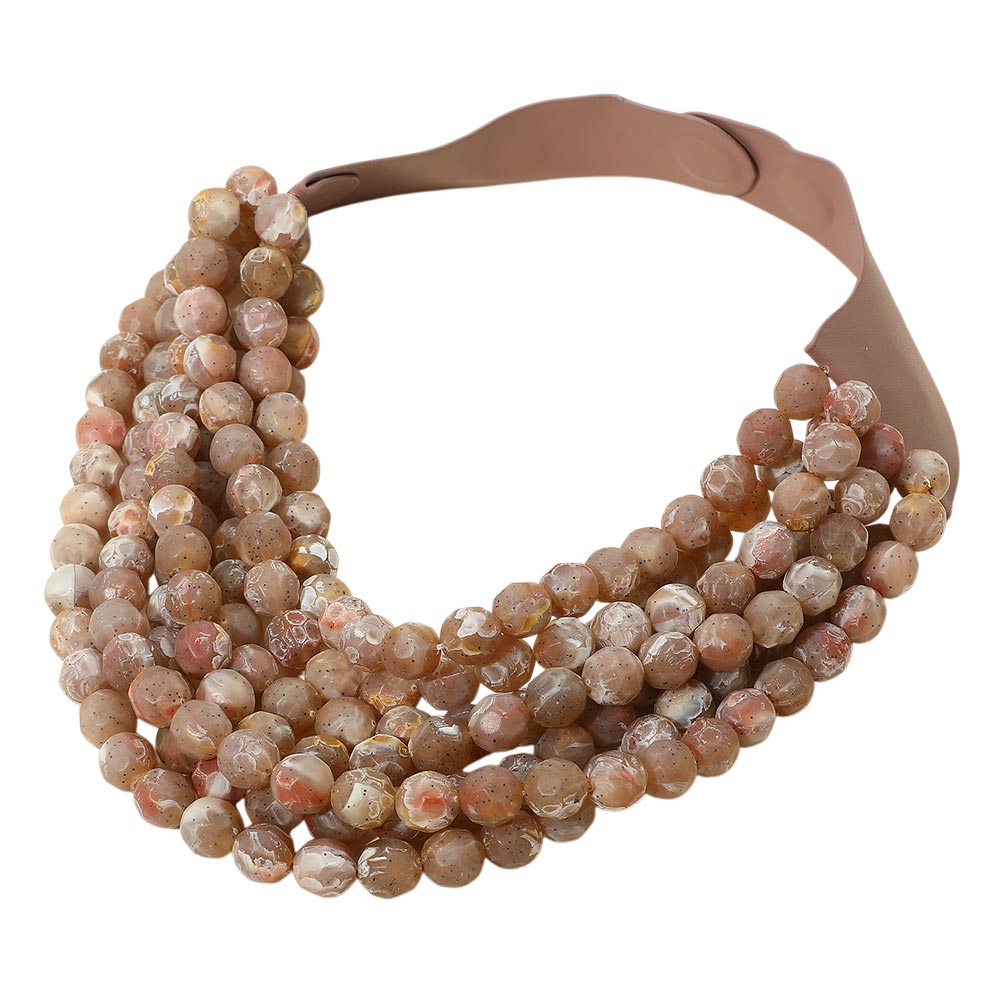 Marbled Faceted Acrylic Ball Beaded Multi Strand Layered Faux Leather Magnetic Necklace