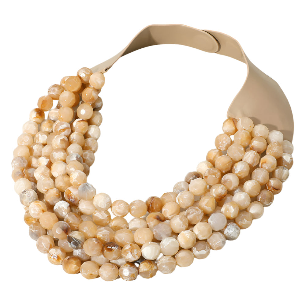 Marbled Faceted Acrylic Ball Beaded Multi Strand Layered Faux Leather Magnetic Necklace