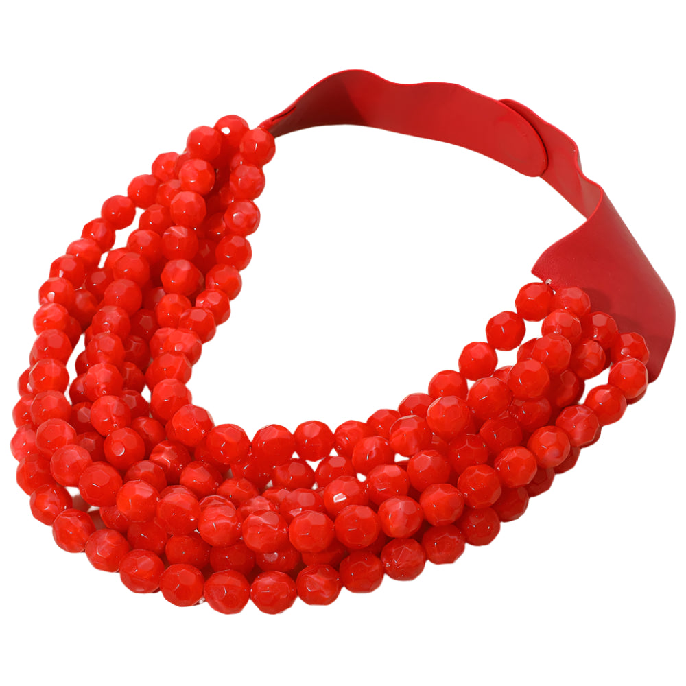 Marbled Faceted Acrylic Ball Beaded Multi Strand Layered Faux Leather Magnetic Necklace