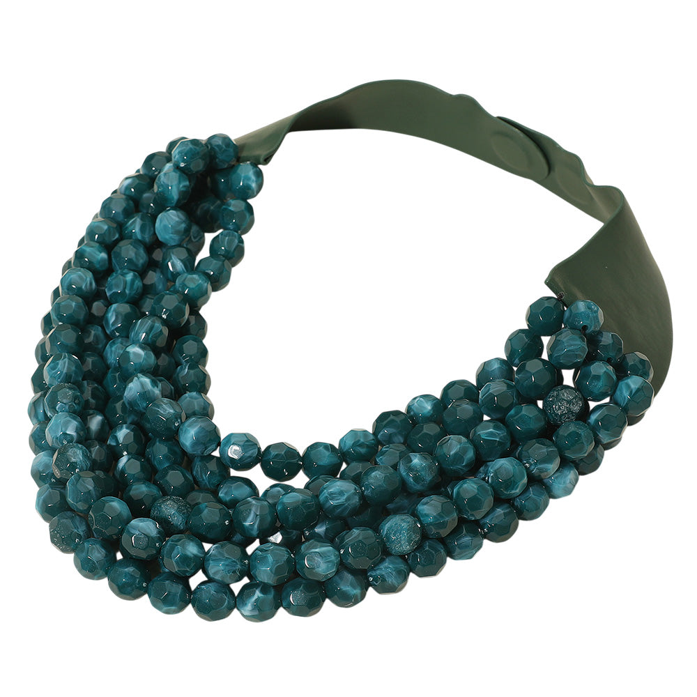 Marbled Faceted Acrylic Ball Beaded Multi Strand Layered Faux Leather Magnetic Necklace