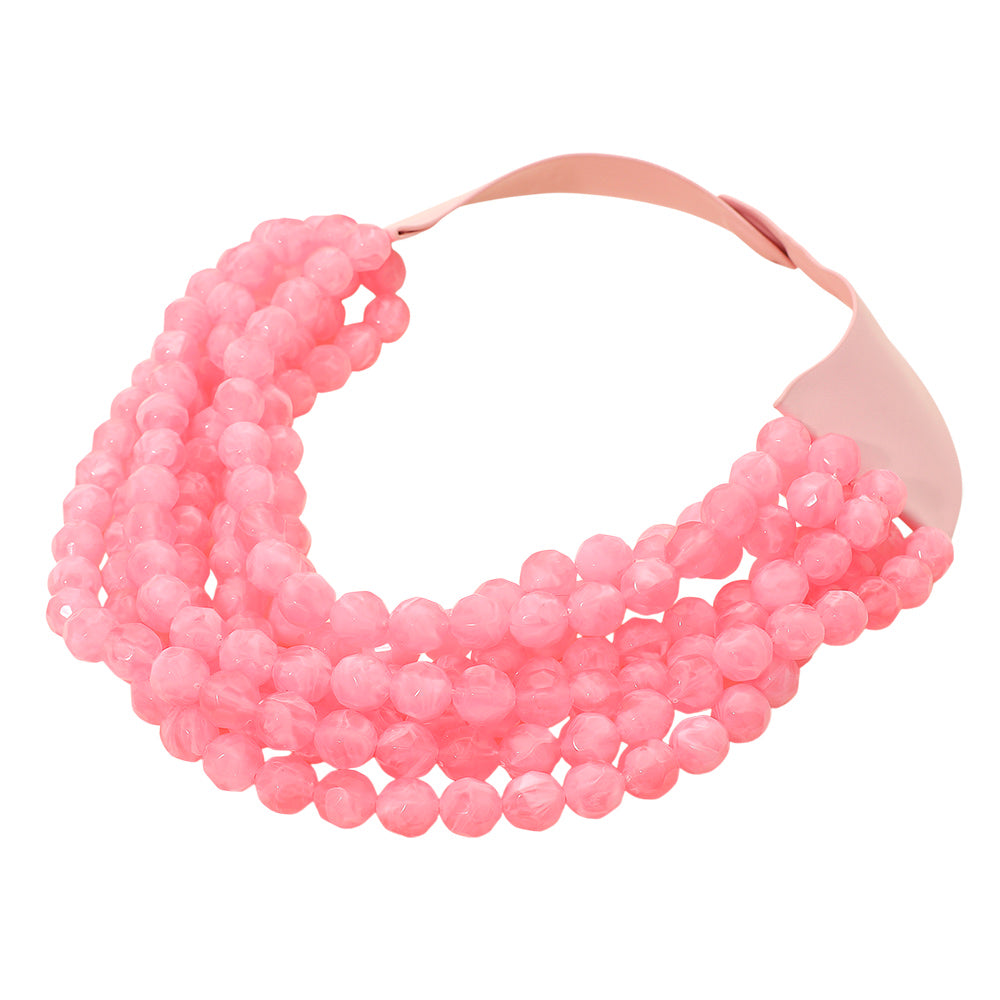 Marbled Faceted Acrylic Ball Beaded Multi Strand Layered Faux Leather Magnetic Necklace