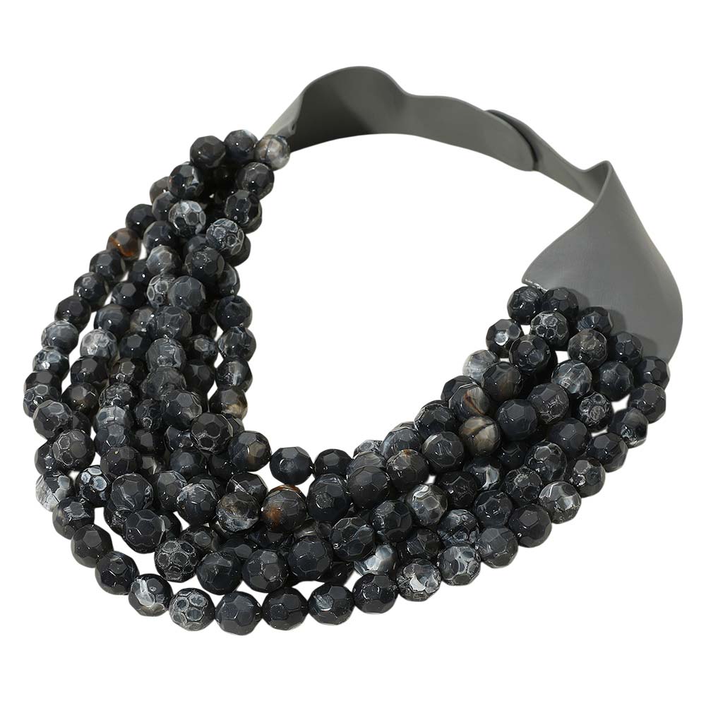 Marbled Faceted Acrylic Ball Beaded Multi Strand Layered Faux Leather Magnetic Necklace