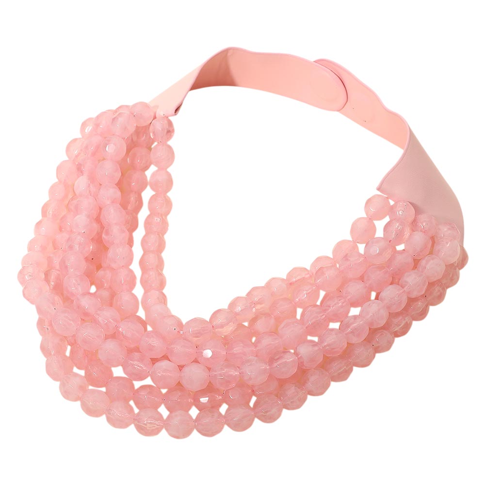Marbled Faceted Acrylic Ball Beaded Multi Strand Layered Faux Leather Magnetic Necklace