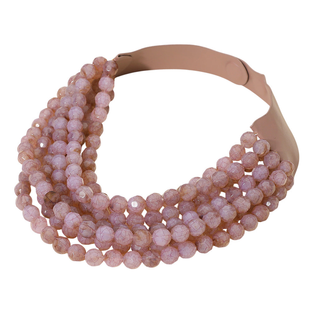 Marbled Faceted Acrylic Ball Beaded Multi Strand Layered Faux Leather Magnetic Necklace