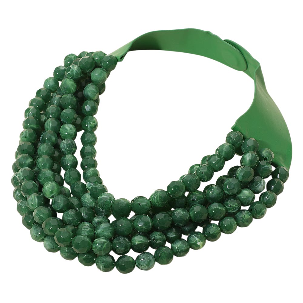 Marbled Faceted Acrylic Ball Beaded Multi Strand Layered Faux Leather Magnetic Necklace