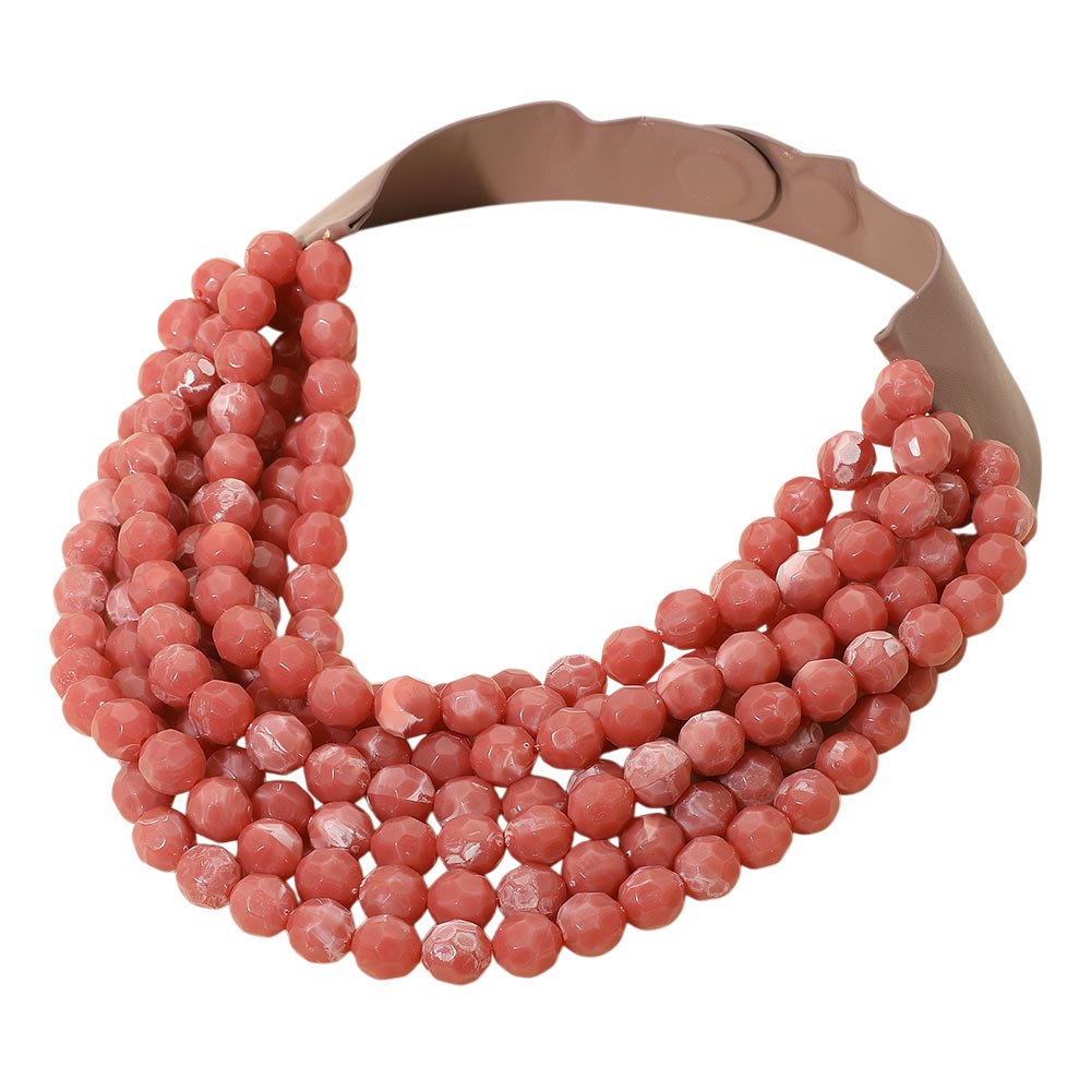 Marbled Faceted Acrylic Ball Beaded Multi Strand Layered Faux Leather Magnetic Necklace