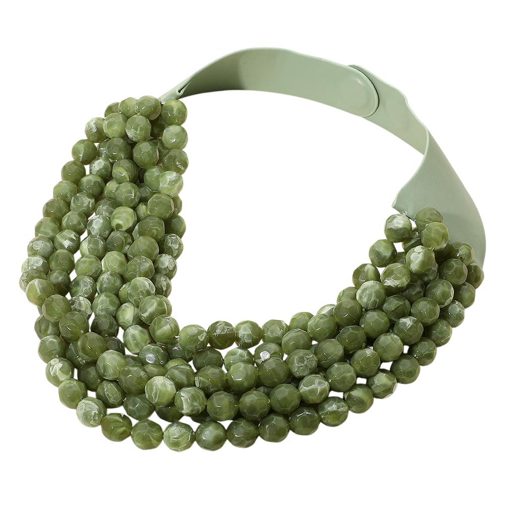 Marbled Faceted Acrylic Ball Beaded Multi Strand Layered Faux Leather Magnetic Necklace