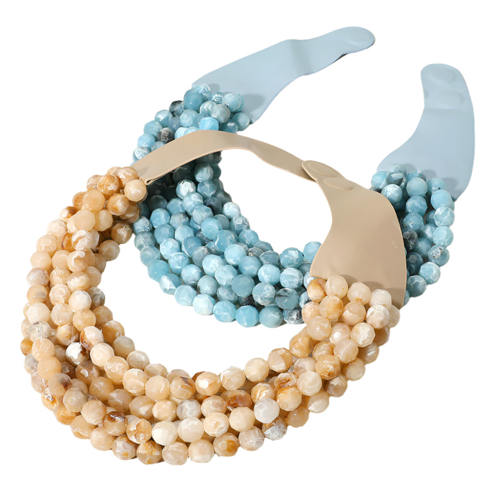 Marbled Faceted Acrylic Ball Beaded Multi Strand Layered Faux Leather Magnetic Necklace
