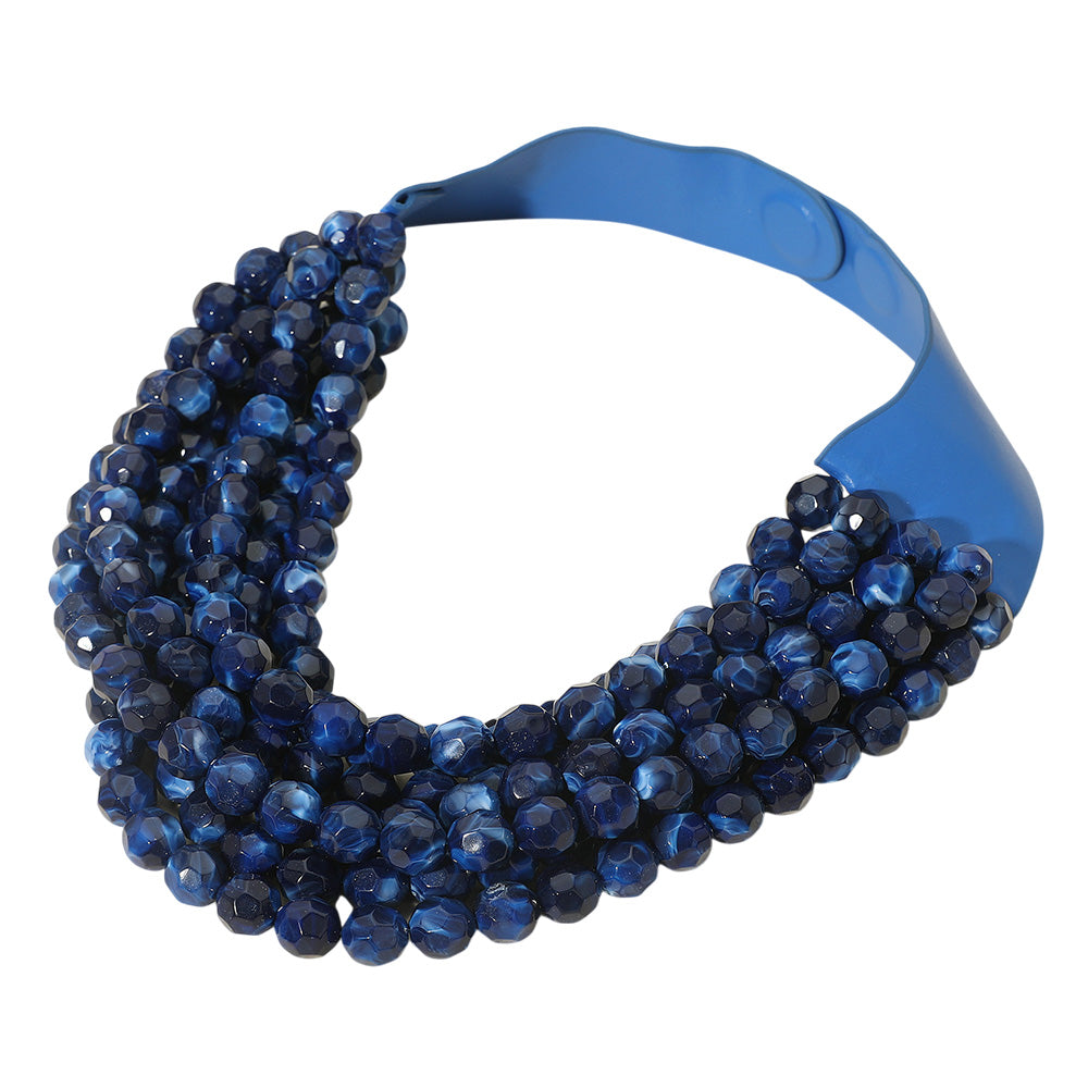 Marbled Faceted Acrylic Ball Beaded Multi Strand Layered Faux Leather Magnetic Necklace
