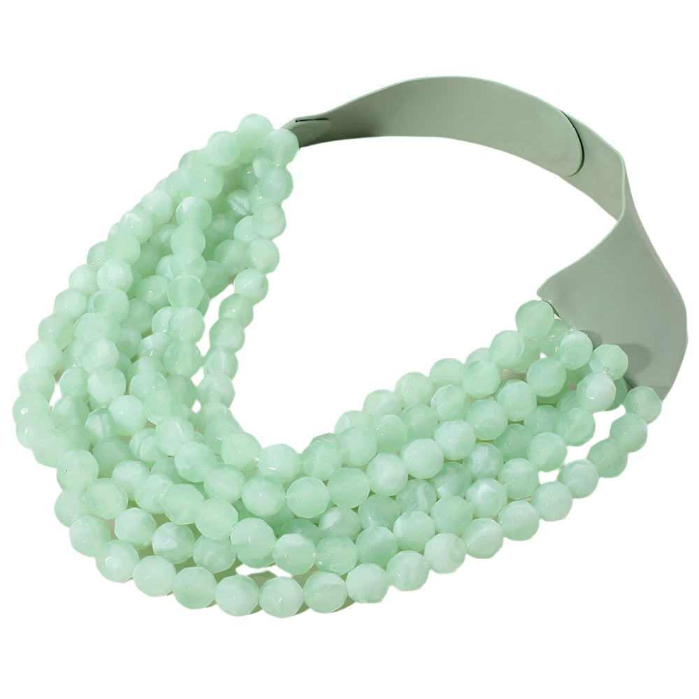 Marbled Faceted Acrylic Ball Beaded Multi Strand Layered Faux Leather Magnetic Necklace