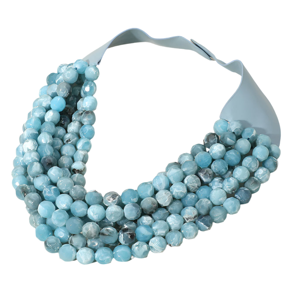 Marbled Faceted Acrylic Ball Beaded Multi Strand Layered Faux Leather Magnetic Necklace