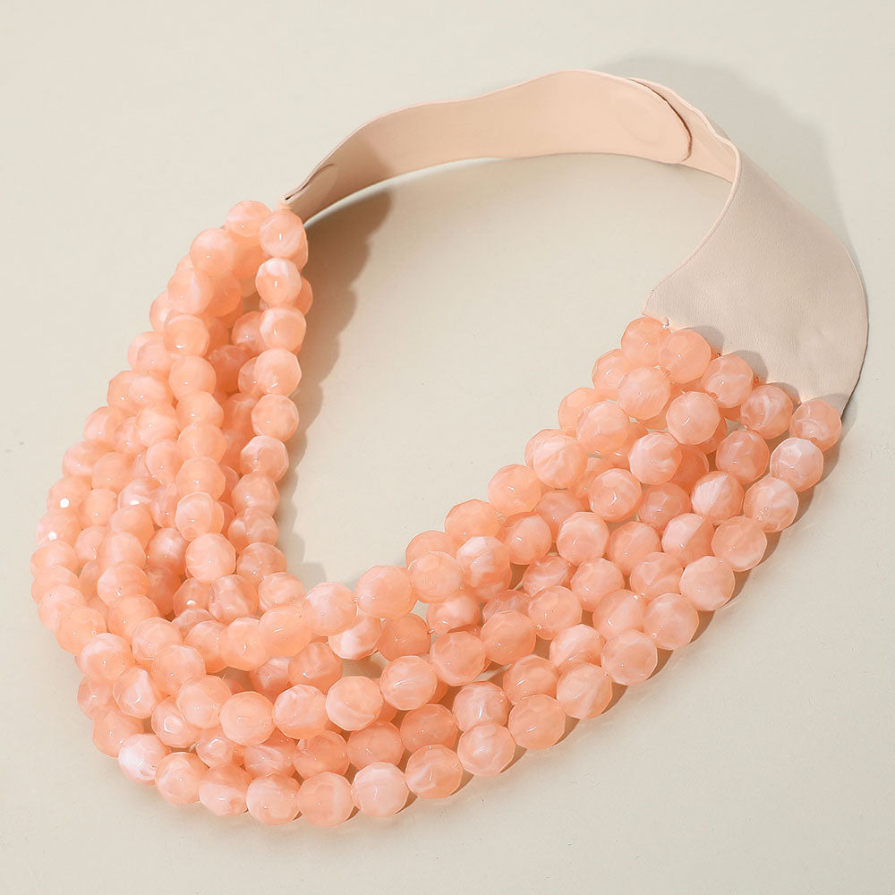 Marbled Faceted Acrylic Ball Beaded Multi Strand Layered Faux Leather Magnetic Necklace