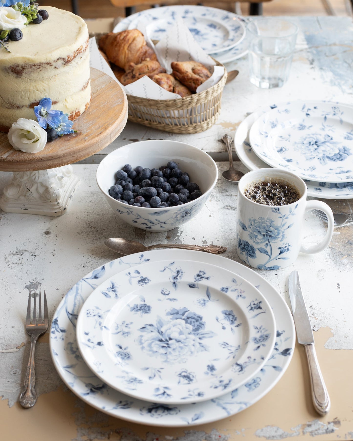 Martha Stewart French Garden Party Blue and White Floral Dinnerware Set {six items per piece set}