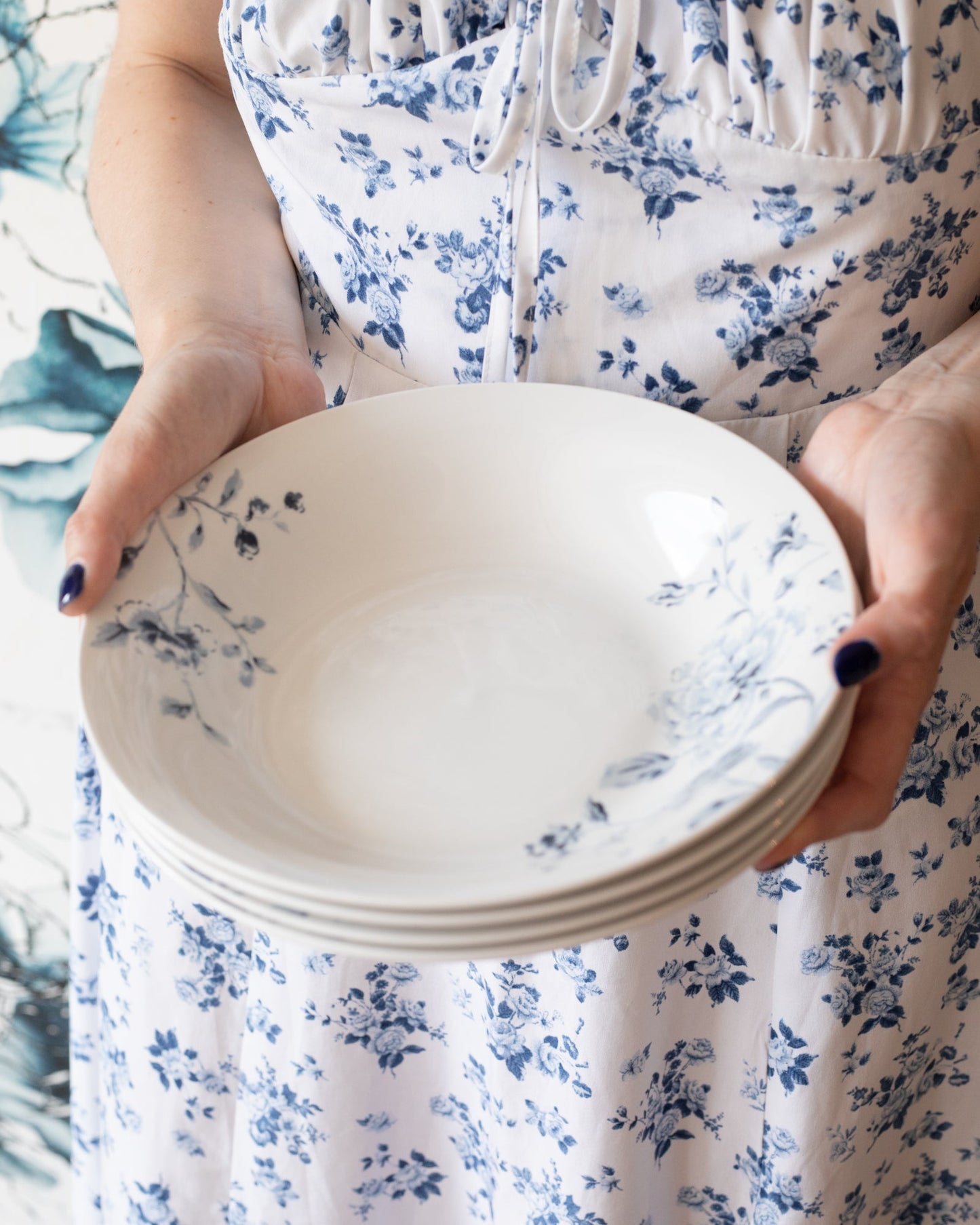 Martha Stewart French Garden Party Blue and White Floral Dinnerware Set {six items per piece set}