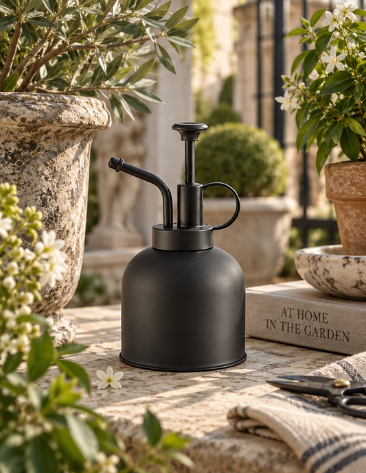 A matte black garden watering can with a pump handle, styled on a stone patio surrounded by potted plants, gardening tools, and a book.