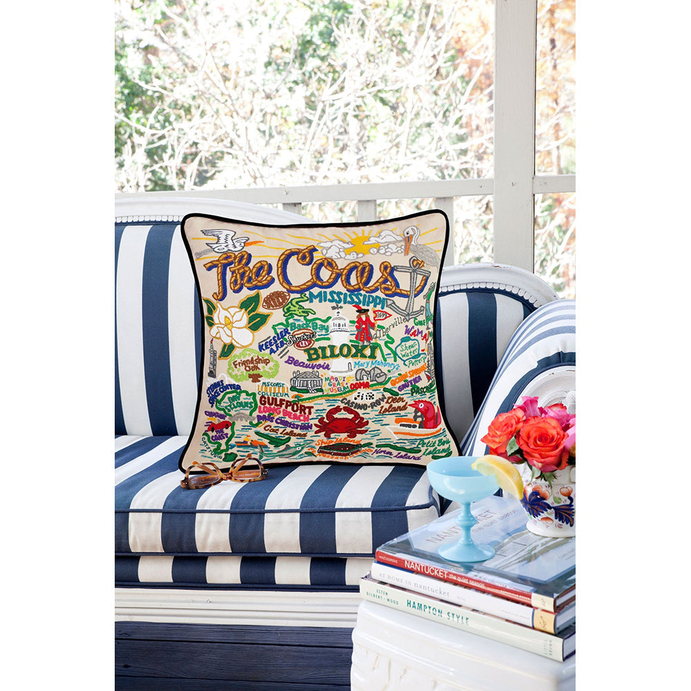 Mississippi Coast Hand-Embroidered Pillow