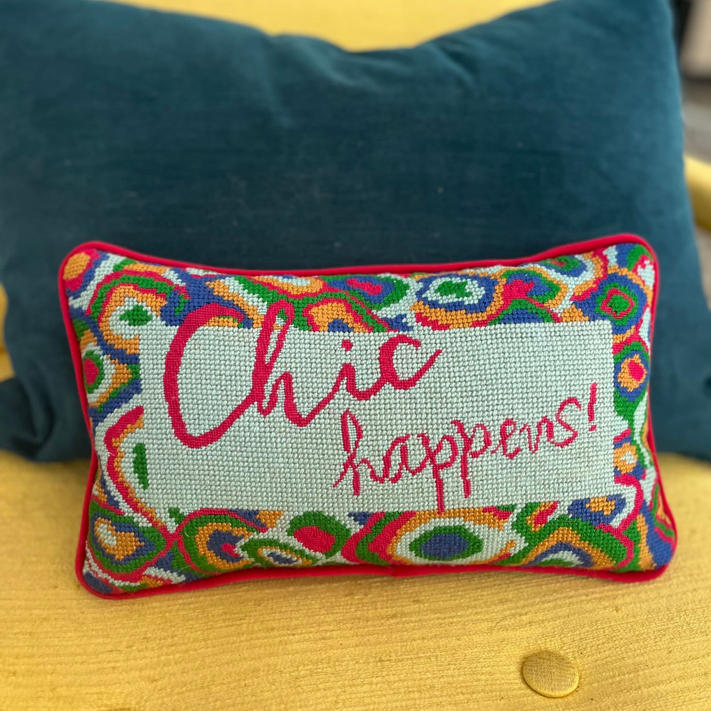 Chairish x Mommani Threads needlepoint CHIC HAPPENS!