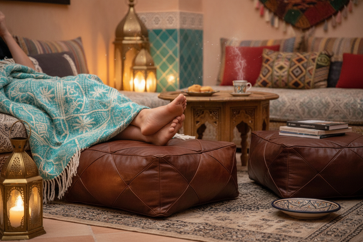 Moroccan Leather Floor Cushion / Ottoman - Mosaic - Lozenge - Brown