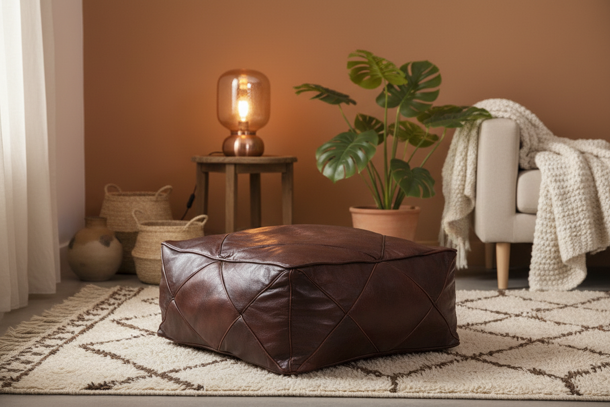 Moroccan Leather Floor Cushion / Ottoman - Mosaic - Lozenge - Brown